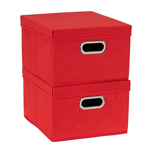 Household Essentials Storage Bins with Lids and Chromed Grommet Handles, Set of 2, Textured Linen Look, Red - color: Red, size: 2 Count