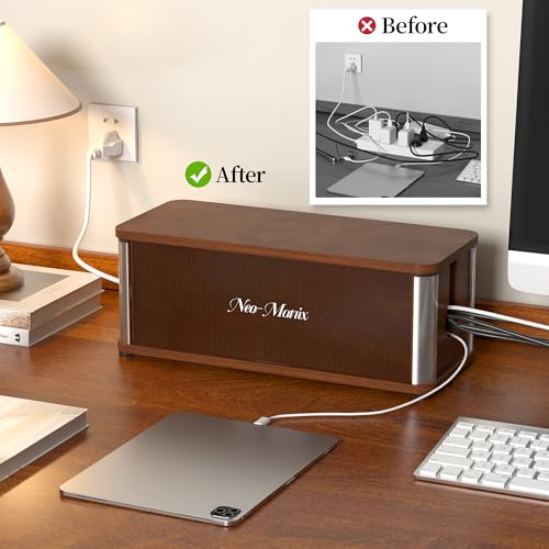 Delamu Wooden Cable Management Box, Retro-Inspired Look Desk Cord Organizer Box for Home Office, Large Cord Hider Box Hides Cords and Power Strips, Floor Cord Covers, 14.3" x 6.0" x 5.5", Dark Brown - color: Dark Brown