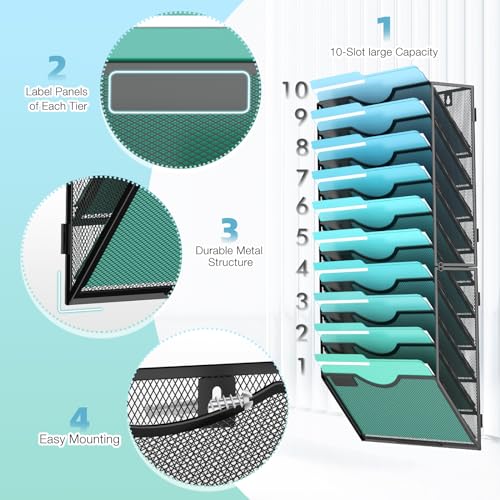 Gawerk 10-Tier Wall File Organizer Hanging Wall File Holder Wall Mount Paper Folder Organize, Mesh Magazine Document Mail Organizer Wall Organizer for Office School Home, Black - color: Black, size: 10-T