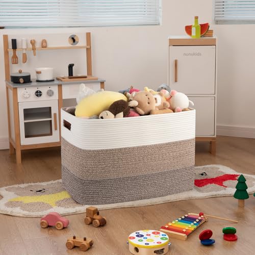 OIAHOMY 108L Super Large Blanket Basket, 25”x16”x16”(108L) Rectangle Woven Baskets for Storage, Cotton Rope Basket For Living Room, Toy Storage with Handle- Gradient Dark Brown - color: Gradient Dark Brown