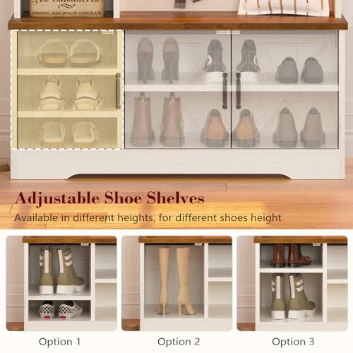 CSZZD Hall Tree with Bench and Shoe Storage, Farmhouse Entryway Bench with Coat Racks and Led Lights, Tall Hall Tree with 7 Coat Hooks, 6 Storage Cubbies, Adjustable Shelf - color: Antique White, size: 39.4"