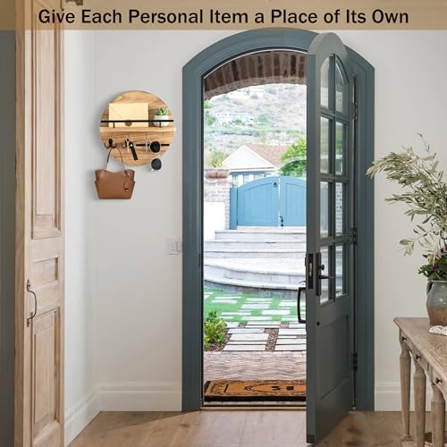 dreampossible Key Holder for Wall Decorative with Shelf and Hooks, Mail Organizer Wall Mount with Sunglasses Holder, Circular Design Entryway Key Rack Hanger, Rustic Home Decor - color: Light Brown