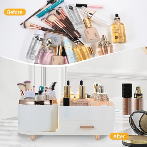 Makeup Organizer Countertop with Drawer 360 Rotating Brush Holder Storage Large Capacity Skincare Cosmetic Display Cases for Vanity Bathroom Desktop, Model 3016 White - color: White