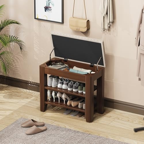 Shoe Bench for Entryway, Solid Rubberwood Shoe Bench with Hidden Storage, Adjustable 2-Tier Shelves & Soft PU Leather Seat, Shoe Rack Durable Easy Assembly for Hallway or Bedroom - Beige, 23.6" - color: Beige, size: 23.64"W x 11.82"D x 20.47"H