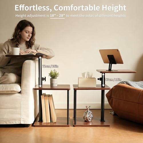 360° Swivel Side Table with Storage, Height Adjustable, Smooth-Rolling Wheels, C-Shaped End Table for Couch/Sofa, Recliner, Living Room, Walnut-Look - color: Walnut - Look