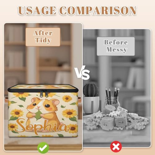 Custom Storage Basket with Name, Personalized Storage Bins with Zipper Lid, Foldable Fabric Storage Box Large capacity with Handle Sunflower Hamster - color: Option 23
