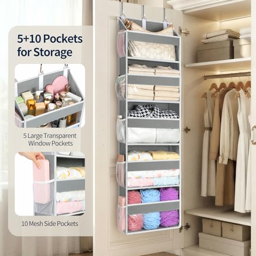 Yecaye Over the Door Organizer 5 Tiers, Heavy Duty Hanging Storage with 5 Large Clear PVC Pockets and 10 Side Pockets, 56lbs Capacity for Closet Door Bathroom Bedroom Nursery Dorm Laundry Room, Grey - color: Grey