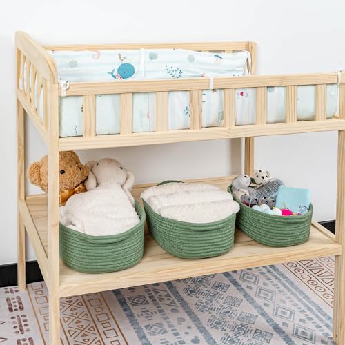 CubesLand Small Cotton Rope Storage Basket Set 5, Shelves Baskets for Organizing with Handle, Decorative Closet Storage Bins for Countertop Toilet Paper Basket for Toilet Tank Top,Green Basket - color: Green