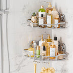 LEVERLOC 2 Pack Powerful Suction Cup Corner Shower Caddy, Stainless Steel Rustproof Shower Shelf with Hooks, Drill-Free Wall Mounted Bathroom Organizer, Large Capacity Removable Suction Basket, Silver - style: Corner Caddy, Silver