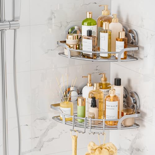 LEVERLOC 2 Pack Powerful Suction Cup Corner Shower Caddy, Stainless Steel Rustproof Shower Shelf with Hooks, Drill-Free Wall Mounted Bathroom Organizer, Large Capacity Removable Suction Basket, Silver - style: Corner Caddy, Silver