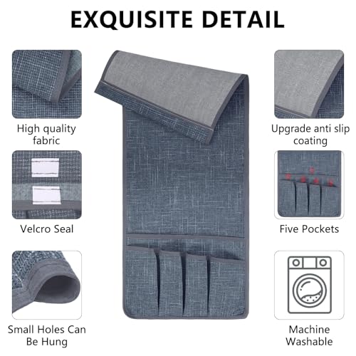 Couch Armrest Remote Control Holder, Couch Caddy Gifts for Seniors Bed Caddy Tv Remote Holder with 5 Pockets for Key Glasses Phone Magazine Holders - color: Grayish Blue