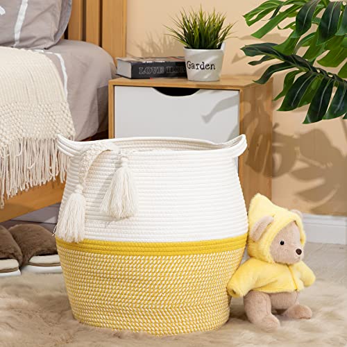 KAKAMAY Woven Baskets for Storage(17"x17"),Large Cotton Rope Woven Baby Laundry Hamper,Collapsible Laundry Basket, Blanket Basket for Organizing Living Room,Nursery,Pillows,Toy Chest(Yellow) - color: Yellow