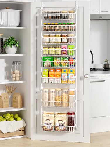 Delamu Over The Door Pantry Organizer, 8-Tier Pantry Door Organizers and Storage with Adjustable Basket, Metal Hanging Spice Rack, Seasoning Organizer, Door Organizer for Home Kitchen Bathroom, White - color: White, size: 8 Tier