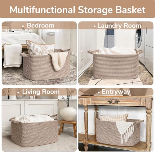 Goodpick Large Woven Storage Basket, 21.6" x 14.9" x 11.8" Blanket Basket for Living Room, Bedroom, Rectangle Rope Storage Organizer for Clothes, Toys, Brown - color: Brown, size: Large(21.6"L x 14.9"W x 11.8"H)