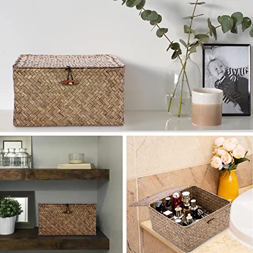 Hipiwe Wicker Shelf Baskets Bin with Lid Handwoven Seagrass Storage Basket Container Square Multipurpose Household Basket Boxes for Shelves and Home Organizer, Coffee Small - color: Coffee, size: Small
