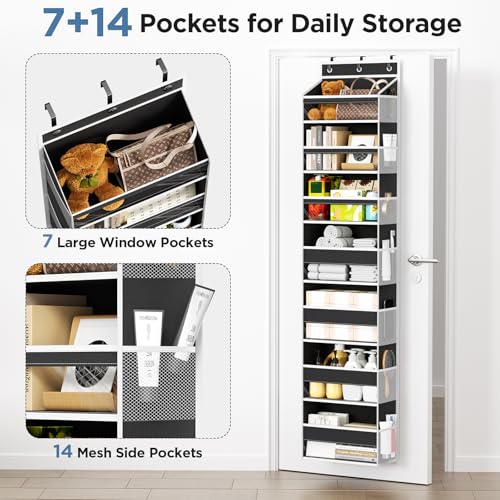 Mefirt Over The Door Organizer, 7 Tier Door Hanging Organizers with 7 Large Pockets 12 Side Pockets, Behind Door Storage Hanging Shelves for Closet Bathroom Bedroom Nursery - color: Black, size: 7-Tier