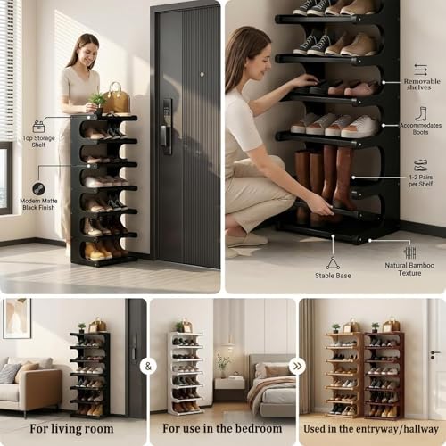 39" Bamboo Shoe Rack - Vertical Shoe Organizer Rack for Small Space, Narrow Shoe Tower for Closet, Entryway, Corner, Tall Shoe Shelf with Removable Shelves, Flexible Storage Shelf for Saving Space - color: Black