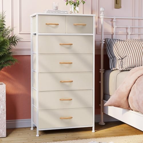Crestlive Products Vertical Dresser Storage Tower - Sturdy Steel Frame, Wood Top, Easy Pull Fabric Bins, Wood Handles - Organizer Unit for Bedroom, Hallway, Entryway, Closets - 7 Drawers (Beige) - color: Beige, style: 7 Drawers