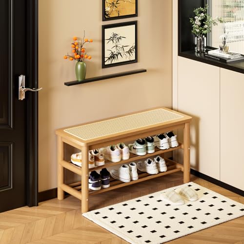 Bamboo Entryway Bench with Woven Rattan Seat, 2-Tier Shoe Storage Bench for Hallway & Entryway 31.5 inches Nature - color: Nature, size: 31.5 inch