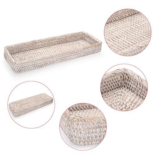 Sumnacon 16 Inch Rattan Bathroom Vanity Tray - Decorative Wicker Toilet Tank Tray for Paper Hand Towel,Vintage Storage Basket Bin for Bathroom Kitchen Toilet Tank Vanity Countertop Table Shelf,White - color: White, size: 16" x 6.5" x 1.8"