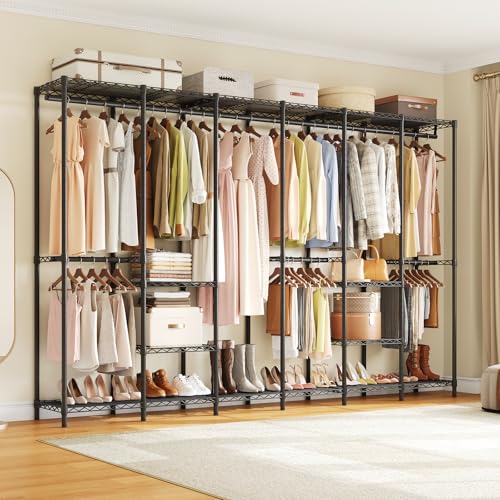ONBRILL F6 Free Standing Industrial Pipe Clothes Rack, Large Heavy Duty Metal Garment Rack, Closet Organizer Storage System with Adjustable Shelves & Hanging Rods, Portable Wardrobe - Black - color: Black