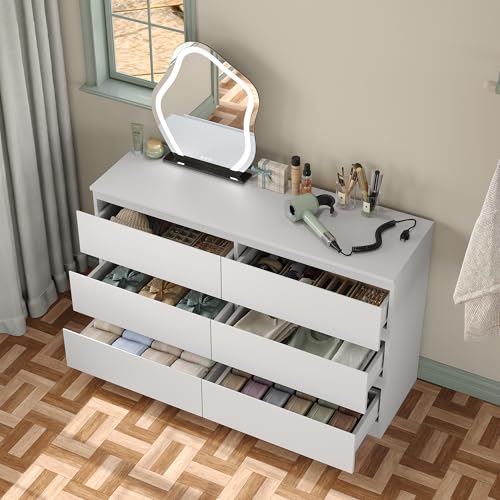 Furniouse Modern 6 Large Storage Drawers Dresser for Clothes Organizer, White Modern Chest of Drawers for Closet, 47" Long Drawer Organizer Cabinet for Bedroom, Living Room, Entryway, Hallway - size: 15"D x 47.3"W x 29.7"H (6 Drawers)