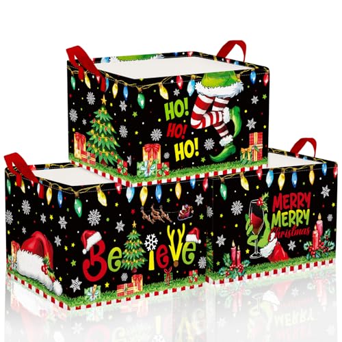 Geelin 3 Pcs Green Christmas Baskets Storage Black Green Merry Christmas Basket for Gifts Collapsible Waterproof Canvas Xmas Storage Bin Organizer with Handles for Book Closet Shelf Nursery Decor - style: Green Christmas