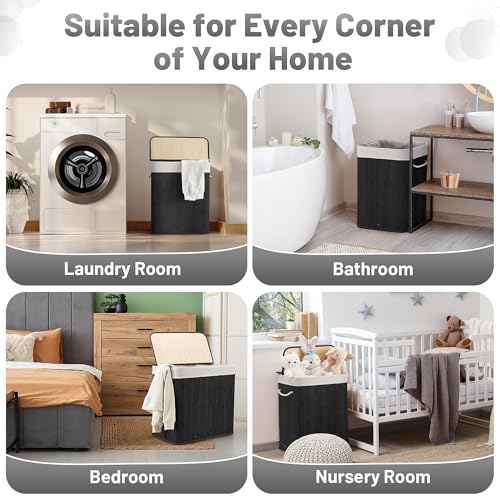 Aliphon 150L Laundry Hamper with lid, 3-Section Clothes Laundry Basket with Handles, Large Collapsible Bamboo Baskets for Bedroom, Bathroom, Dorm, Ink Black - color: Ink Black, size: 150L