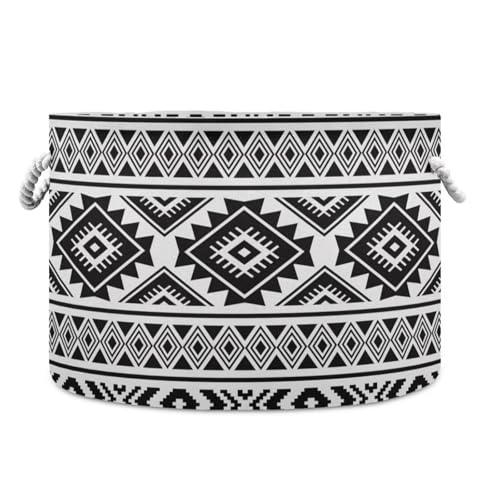 Black Ethnic Aztec Print Round Storage Basket Retro Tribal Navajo Geometric Large Laundry Hamper 20" x 20" x 14" Organizer Bin with Handles Clothes Storage Bag for Nursery Bedroom Living Room Decor - color: Black