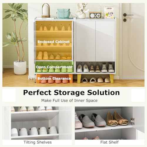 Giantex 5-Tier Shoe Cabinet with Doors, Faux Marble Shoe Rack Organizer with Anti-Tipping Kit & Flat Tilting Storage Shelves, Wooden Shoe Storage Cabinet for Entryway, Hallway, Living Room, White