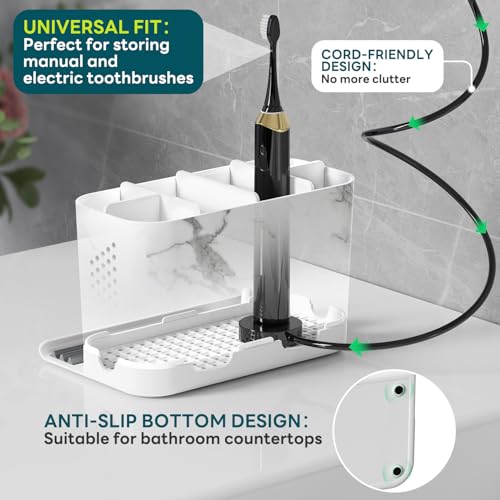 Toothbrush Holders, Toothbrush Caddy with Front Ledge and Cord Slots, Detachable Tooth Brush Holder for Bathroom Countertop, Shower, Vanity, Large Capacity 6 Slots Marble Bathroom Accessories - color: White and Marble