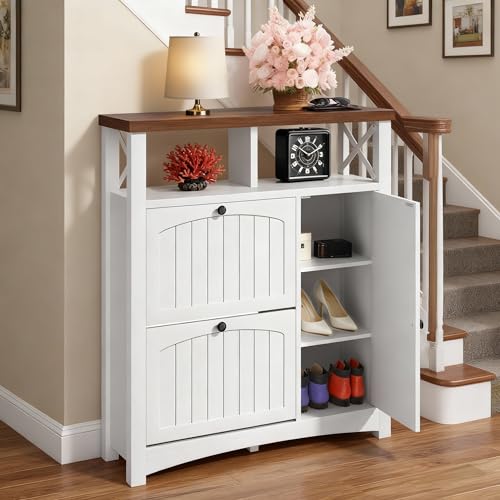 YITAHOME Farmhouse Shoe Cabinet with 2 Flip Drawers, Wood Shoe Rack w/Adjustable Shelves and Open Storage, Rustic Entryway Organizer for Hallway, Foyer, Porch, Living Room, White