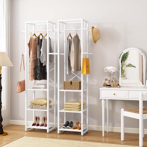 IBUYKE Coat Rack with Shelves, Freestanding Hall Tree with 3 Shelves and 8 Hooks, Industrial Clothes Stand for Entryway, Hallway, Bedroom, White UTMJ088W - color: White