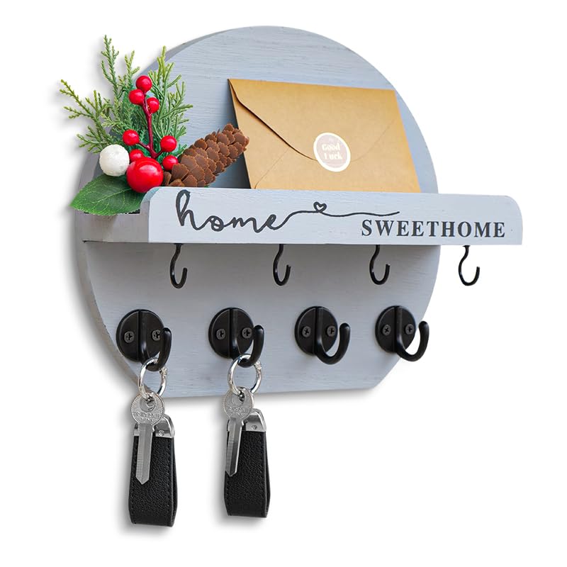 Key Holder for Wall, Key and Mail Holder Organizer - Key Holder Wall Mount with Bouquet Shelf and Key Hooks, Round Wooden Rustic Key Rack for Entryway and Home Decor (Gray) - color: Gray