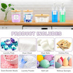 FEXIA 3+2 Pack Laundry Pods Containers and Dryer Sheet Holder with Laundry Detergent Dispenser Laundry Room Organization Storage Containers with Lids and Labels for Scent Booster,Powder,Pods