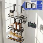 Over the Door Shower Caddy Hanging, Rustproof Shower Shelves with Waterproof Phone Pouch, 3-Tier Adjustable Bathroom Organizers and Storage, No Drilling Shower Shelf, Black Shampoo Soap Holder - size: 3 Tier