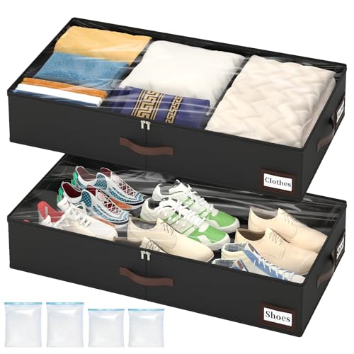 OIAHOMY 2 Pack Under Bed Storage with 4 Compression Bags, Underbed Organizers for Bedroom & Closet, Fits Beds Higher than 5.9", Space-Saving for Seasonal Clothes, Blankets & Shoes - Black - color: Black, size: 33.07" x 16.54" x 5.9"