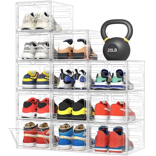 Pinkpum Upgraded Hard Shoe Storage Box 12 Pack X-Large Fit Size 12, Thicken & Sturdy Clear Plastic Stackable Shoe Organizer Box Closet, Sneaker Storage Display Case Holder Bins with Magnetic Door - color: Clear, size: 12 pcs