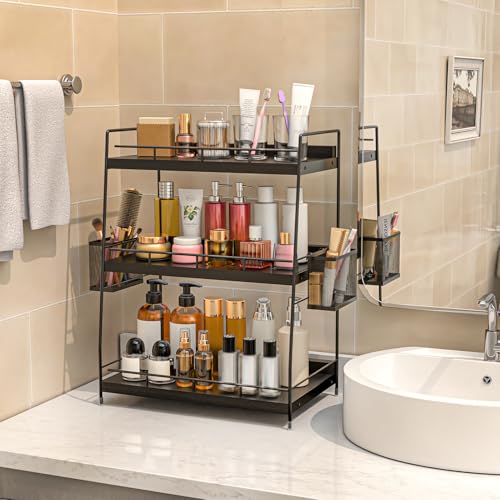 Bathroom Counter Organizer,Bathroom Countertop Organizer with Baskets,Vanity Organizers,Counter Shelf,Countertop Storage, Makeup Organizers(Black) - color: Black