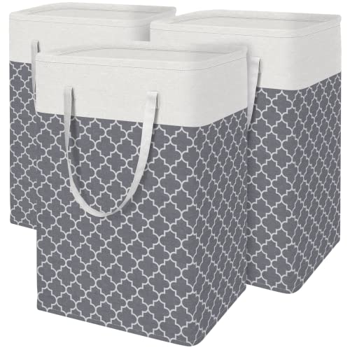 BlissTotes 3-Pack Laundry Basket, Freestanding＆Waterproof Laundry Hamper, Collapsible Tall Clothes Hamper with Easy Carry Handles for Clothes, Towels in the Family and Dorm,Clover Grey,75L - color: Clover Grey, size: 75L