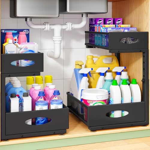 Under Sink Organizer, 2-Pack Pull Out Cabinet Organizer 2 Tier Metal Slide Out Storage Shelf Rack, L-Shaped Adjustable Height,Mesh Sliding Drawer for Kitchen, Bathroom, Laundry, Pantry, Black, XL - color: Black, size: 2-Pack (XL)