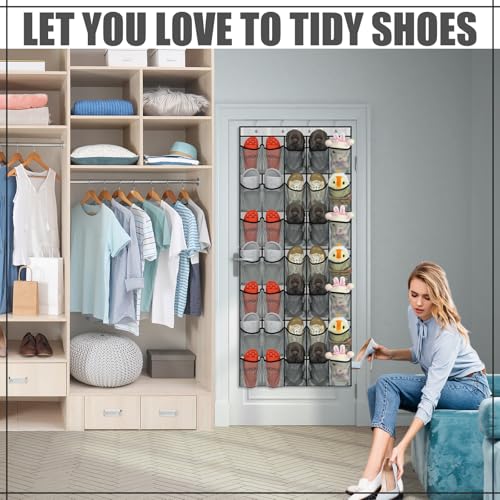 Windyun 2 Pcs 70 Large over The Door Shoe Organizer Hanging Shoe Rack for Closet Holder Gray Mesh Pockets Back to School Behind Door Hanger Storage Nonslip for Home Room School Dorm, Each 35 Pockets - color: Black in Gray