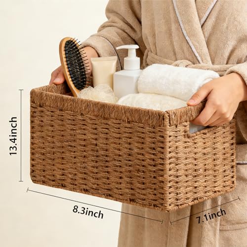 UBBCARE 4 Pack Wicker Basket, 13.4L×8.3H×7.1W inch Woven Paper Rope Storage Baskets for shelves, Foldable Rectangular Storage Baskets with Handle, Storage Basket for Organizing, Caramel - color: Caramel, size: 4pack Medium