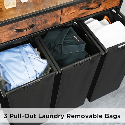 Laundry Sorter 3 Section, 180L Laundry Hamper Basket with Shelf and 2 Drawers, 3 Compartment Clothes Storage Organizer Cart, Pull-Out Removable Oxford Fabric Bags, Rustic Brown and Black - color: Brown, size: 180L