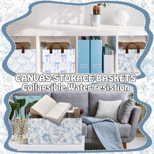 Boao 3 Pcs Blue Bow Storage Bin Collapsible Large Storage Baskets for Gifts Empty Candy Holiday Decor Canvas Laundry Basket Foldable Box with Handle for Office Home Bedroom Clothes - style: Blue Bow