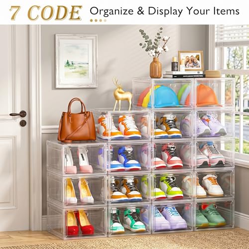 Thickened Clear Shoe Storage Organizer with Magnetic Door, Sturdy Stackable Shoe Boxes for Closet, Collapsible Space-Saving Shoe Rack for Sneakers & Boots, Plastic Shoe Cabinet Box Set, 6 Pack, White - color: White, size: 6 pcs