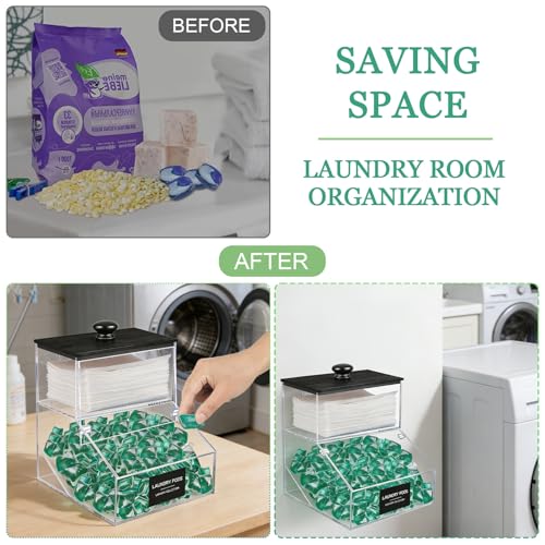 2 in 1 Dryer Sheet Holder & Laundry Pods Container, Laundry Detergent Organizer Container with Lid, Acrylic Laundry Room Organization Storage Containers with Labels, Dishwasher Pod Holder - color: Black - New 1