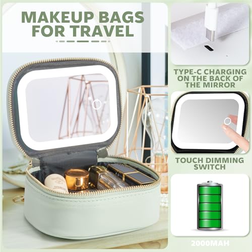 Mini Makeup Bag with Led Mirror, Small Travel Make up Bag 3 Light Modes Adjustable Brightness, for Women Organizer Cosmetic Bag, Portable Travel Train Toiletry Bag, for Pool Parties Work Touch-Ups - color: Mint Green