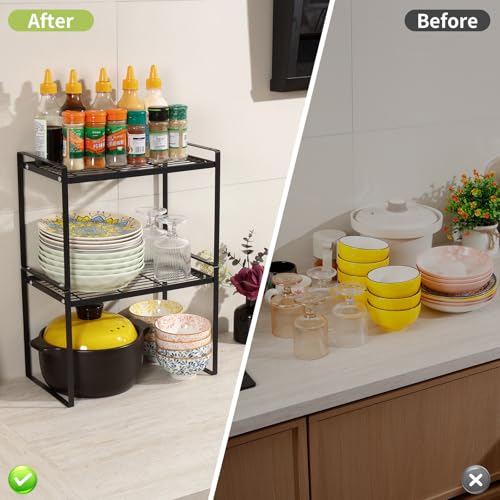 MiaLi Cabinet Organizer Shelf, Set of 2 Metal Counter Shelves Spice Rack, Stackable Kitchen Bathroom Organizers and Storage, Black - color: Black, size: 7.7"D x 13.7"W x 7.1"H + 7.7"D x 13.7"W x 7.1"H
