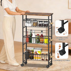 4-Tier Slim Rolling Cart with Pull-Out Baskets & Wooden Top Narrow Mobile Storage Organizer, Multipurpose Utility Cart with Handle for Small Spaces, Kitchen, Bathroom, Laundry Room, Office, Brown